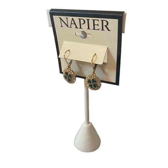 Napier Coin Drop Sparkly Shamrock Earrings in Green, Gold & Clear Pave Crystals - Picture 2 of 6